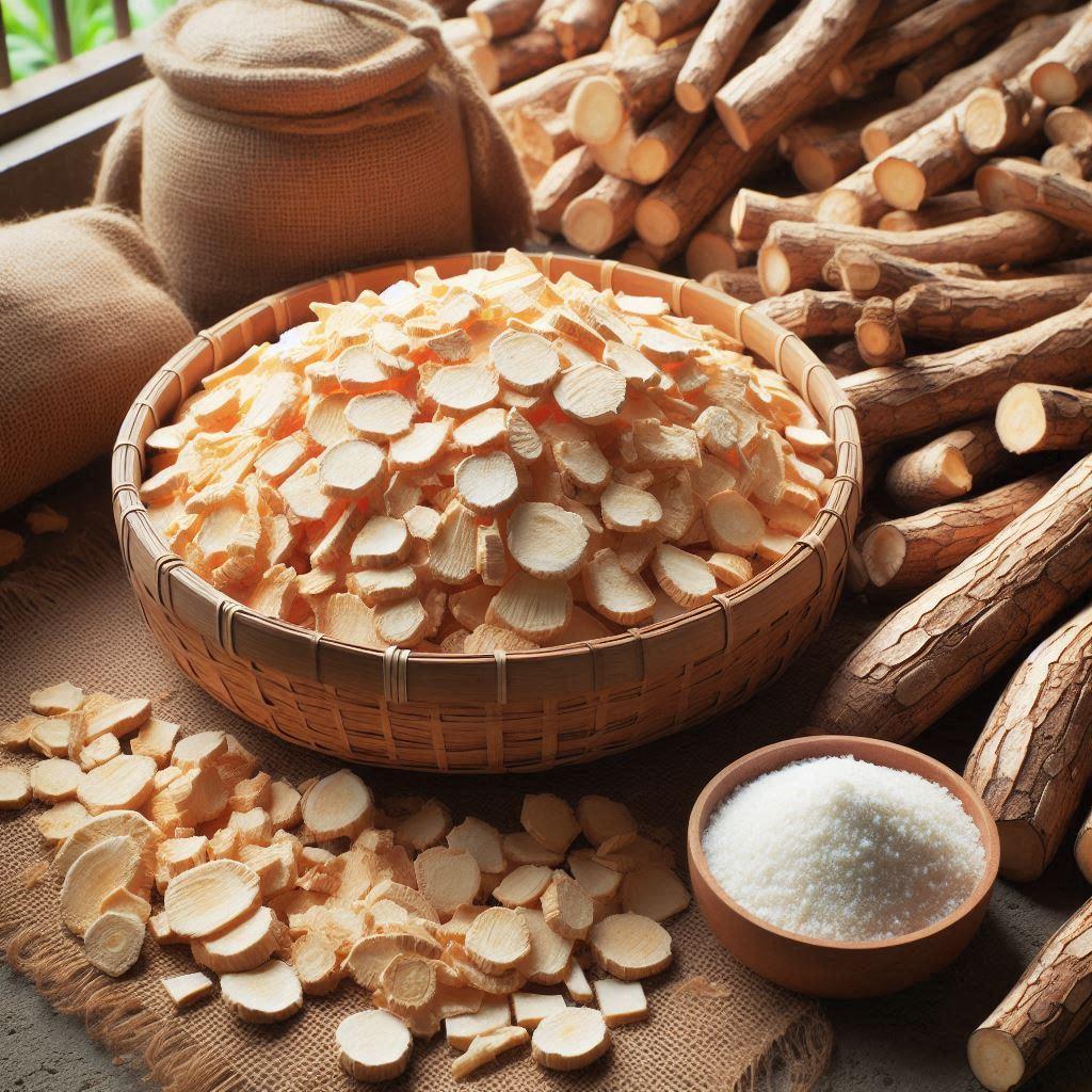 Dried cassava chips for processing into starch (public domain)