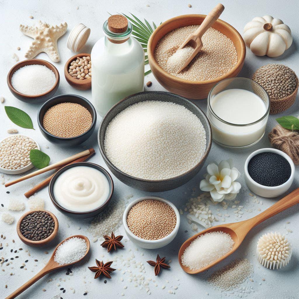 Food and cosmetics products with white sesame as an ingredient (public domain)