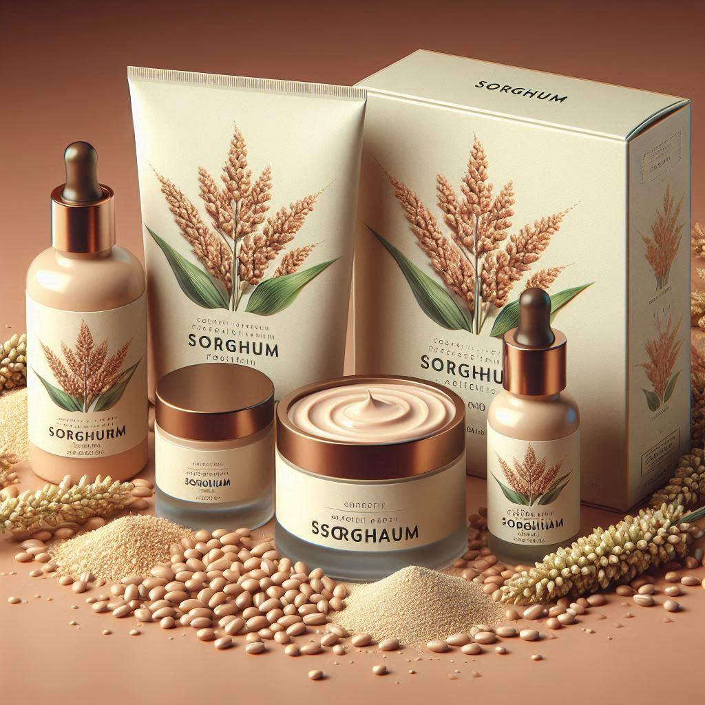 Cosmetic products such as creams, lotions, and powders that include sorghum as an ingredient (public domain)