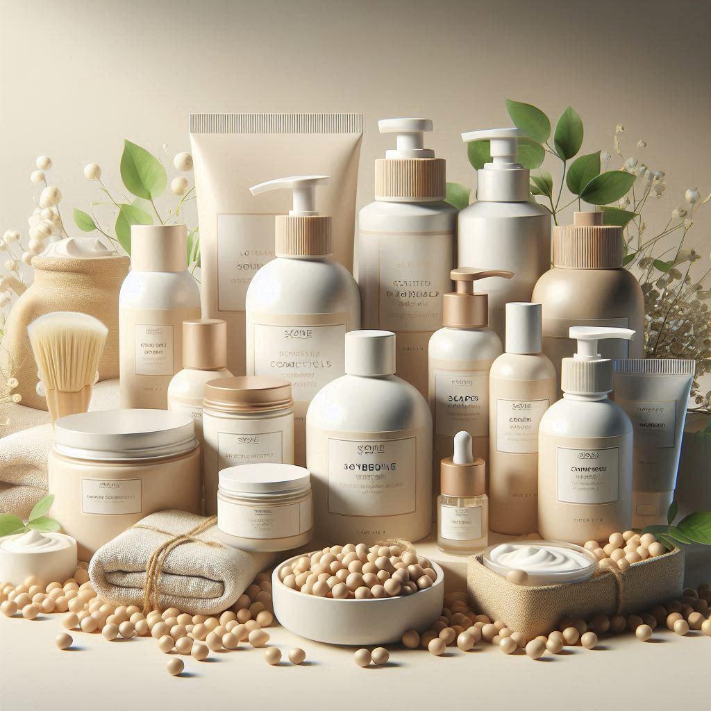 A collection of cosmetics products such as lotions, creams, soaps, and shampoos that are made from soybeans (public domain)