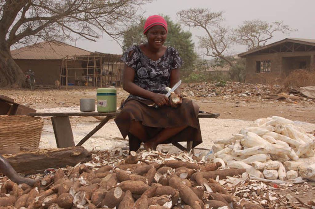 Une femme épluche des racines de manioc (crédit : IITA / Flickr CC BY-NC 2.0)