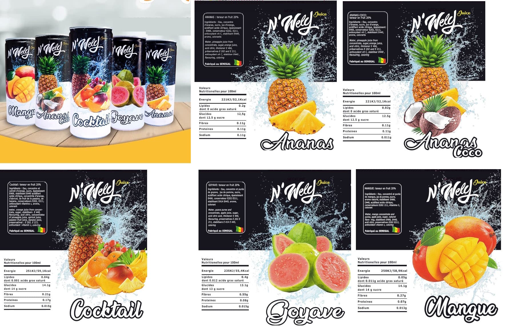 Delicious range of fruit juices from N'Wely, exported worldwide by Sahel Agri-Sol: Pineapple, Pineapple-Coconut, Tropical Cocktail, Guava, and Mango (Sahel Agri-Sol / Adalidda / public domain)