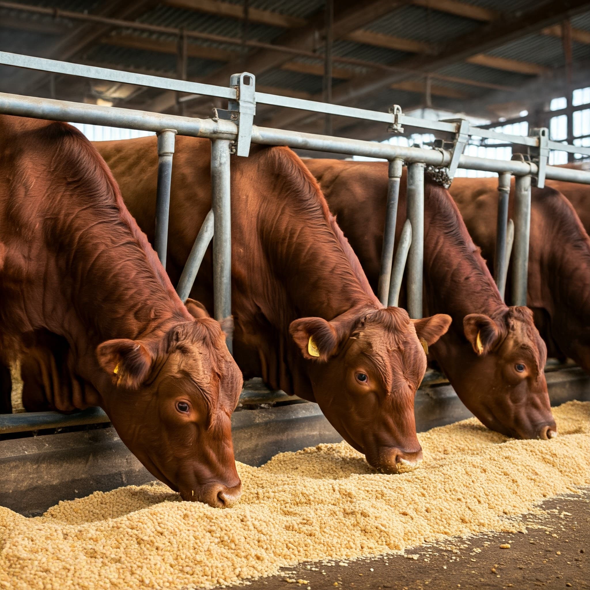 Bétail se nourrissant de tourteau de soja dans une ferme intérieure moderne (Image générée par IA)