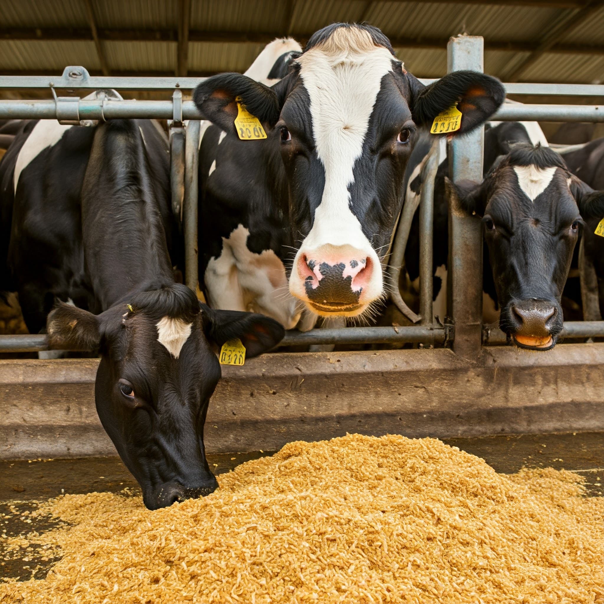 Alimentation des vaches laitières avec du tourteau de soja dans une ferme moderne en intérieur (Image générée par IA)