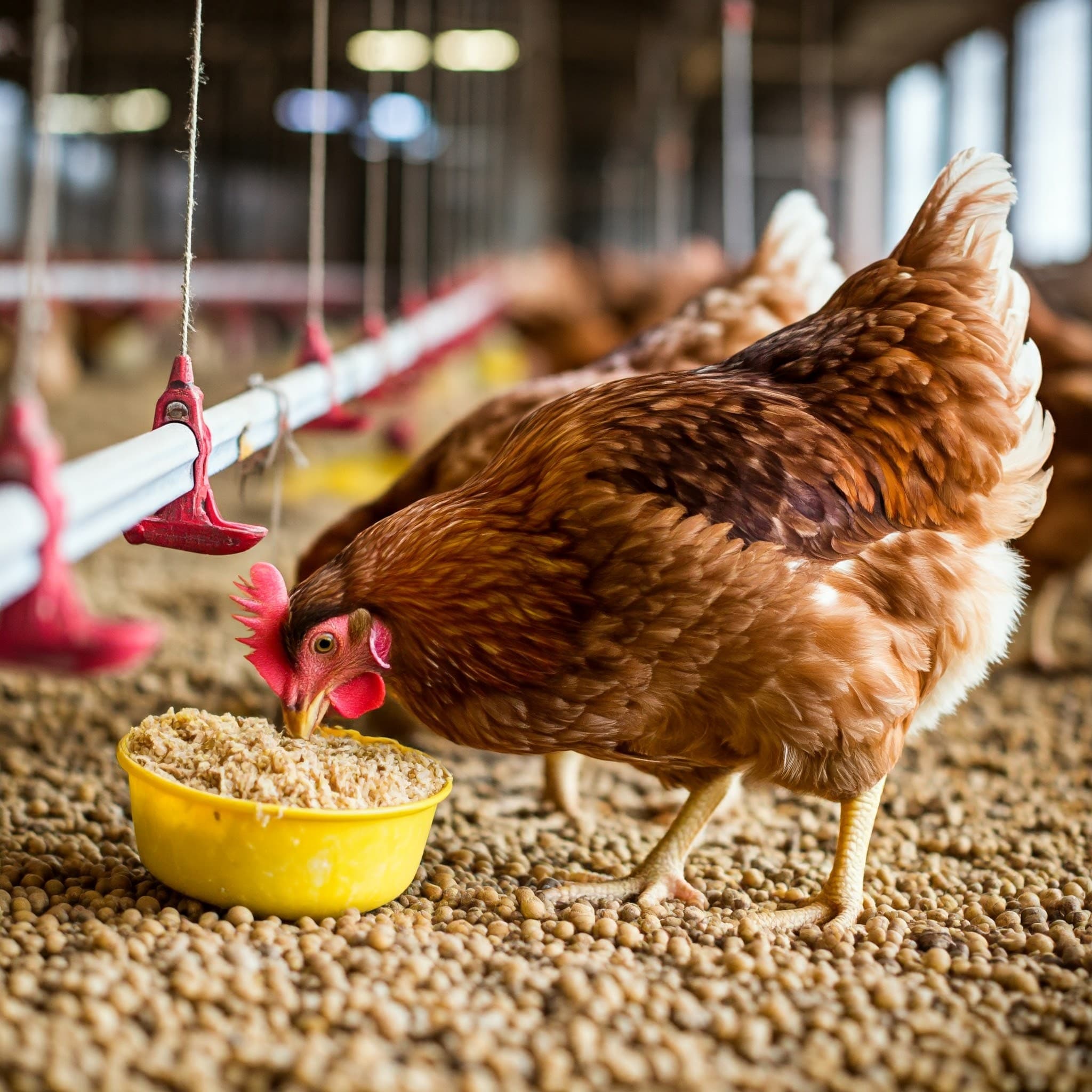 Poulets se nourrissant de tourteau de soja déshuilé dans une ferme intérieure moderne (Image générée par IA)