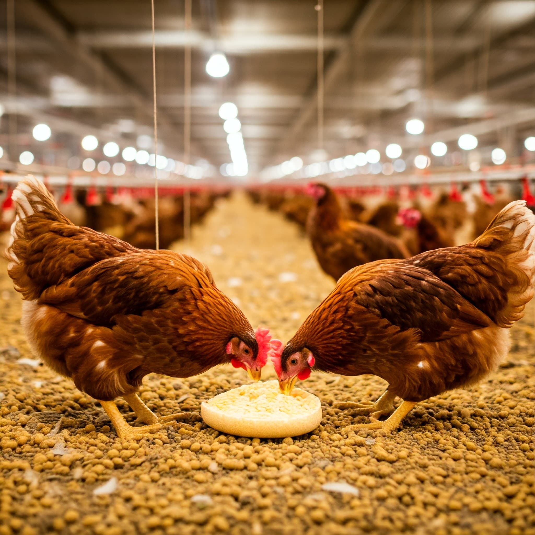 Poulets se nourrissant de tourteau de soja déshuilé dans une ferme intérieure moderne (Image générée par IA)