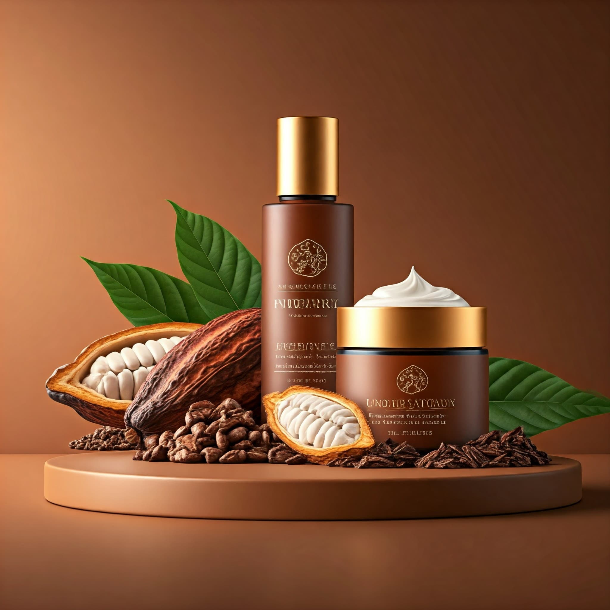 Luxurious cosmetic products featuring cocoa pulp as a key ingredient (AI-generated Image)