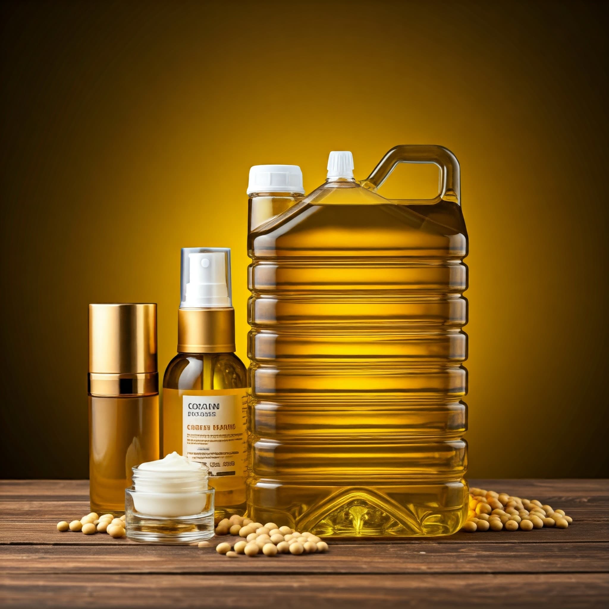 A jerrycan filled with crude soybean oil. Next to the jerrycan, skincare products using crude soybean oil as ingredient. (AI-generated Image)