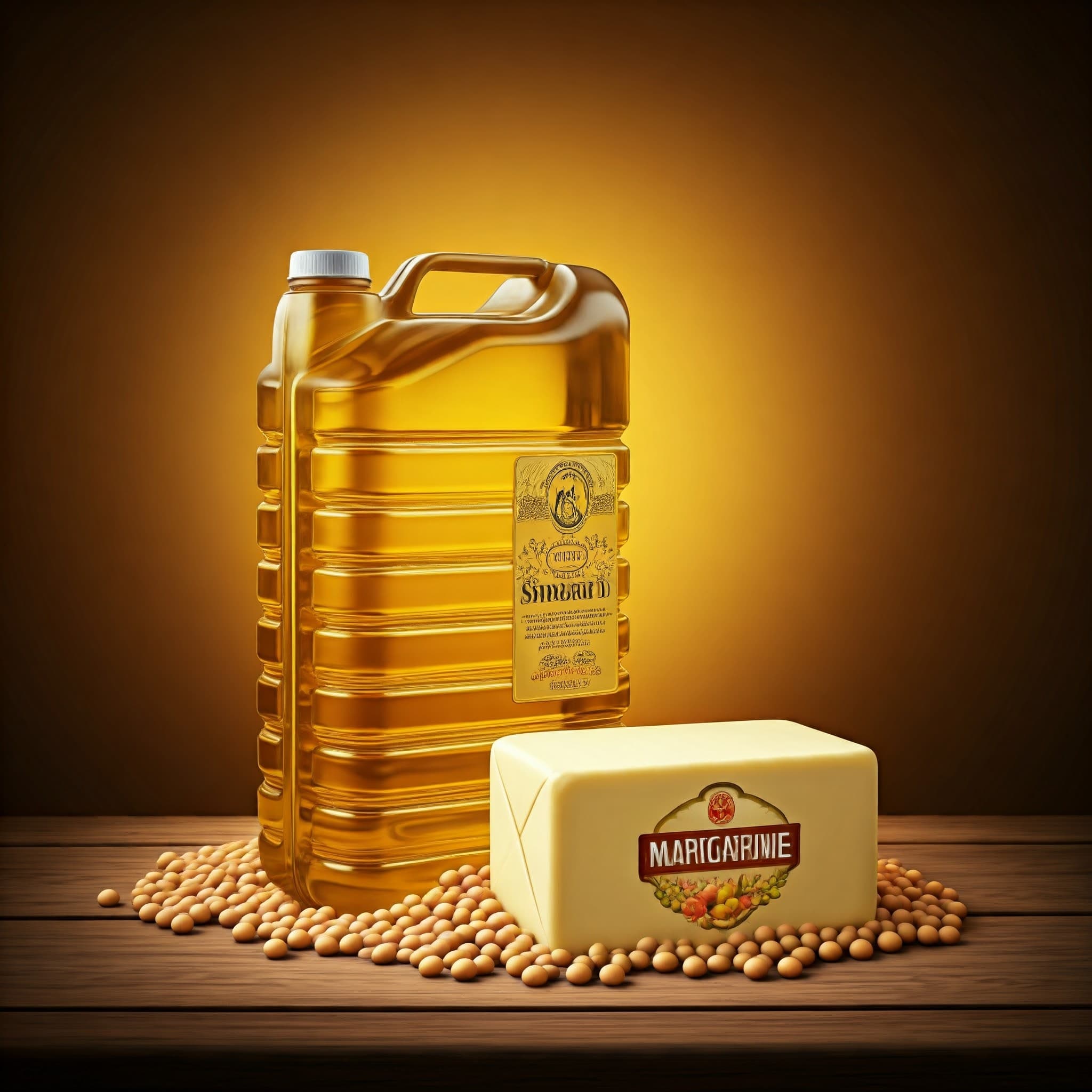 A jerrycan filled with crude soybean oil. Next to the jerrycan, margarine produced using crude soybean oil as ingredient. (AI-generated Image)