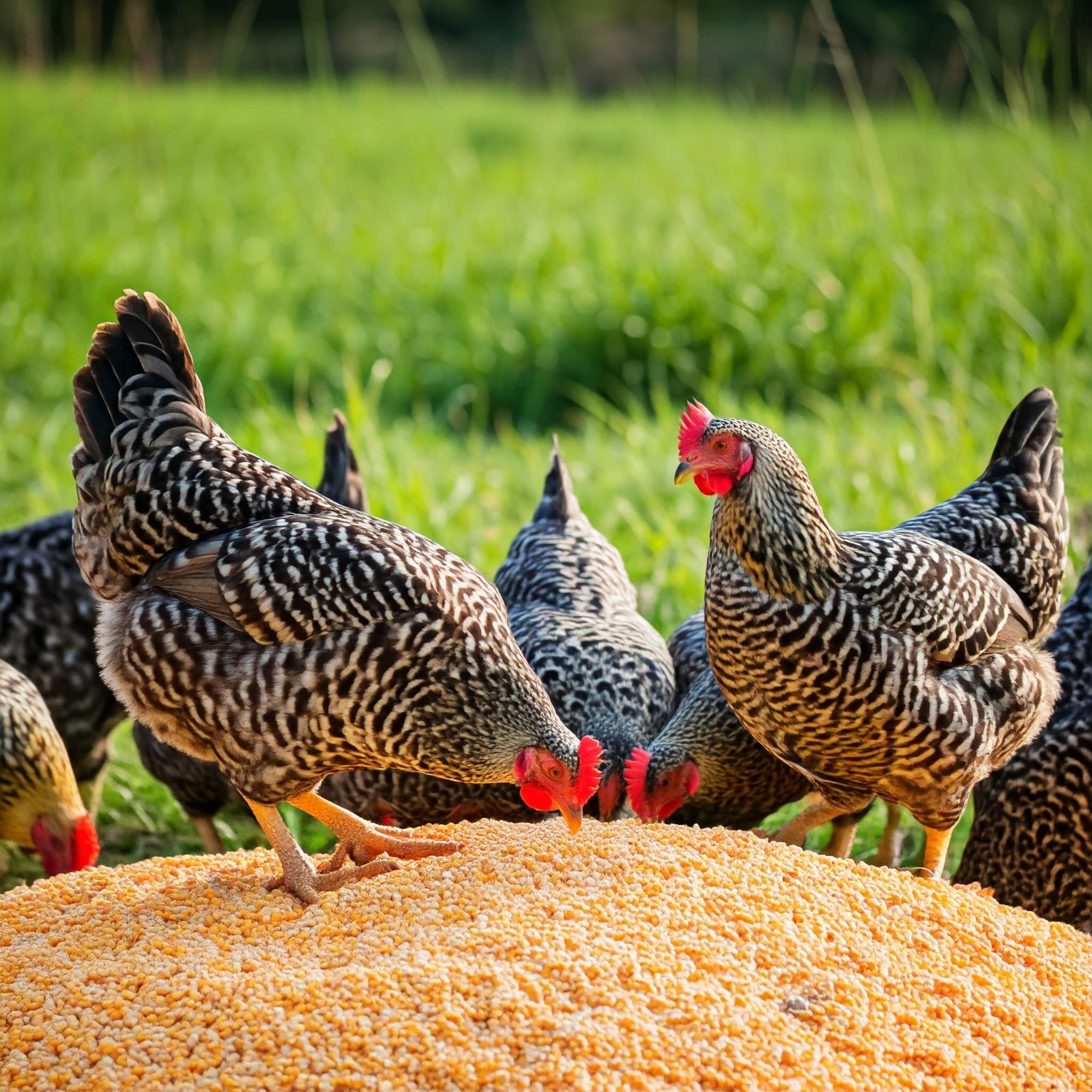 Poulets se nourrissant de maïs concassé nutritif (Image générée par IA)