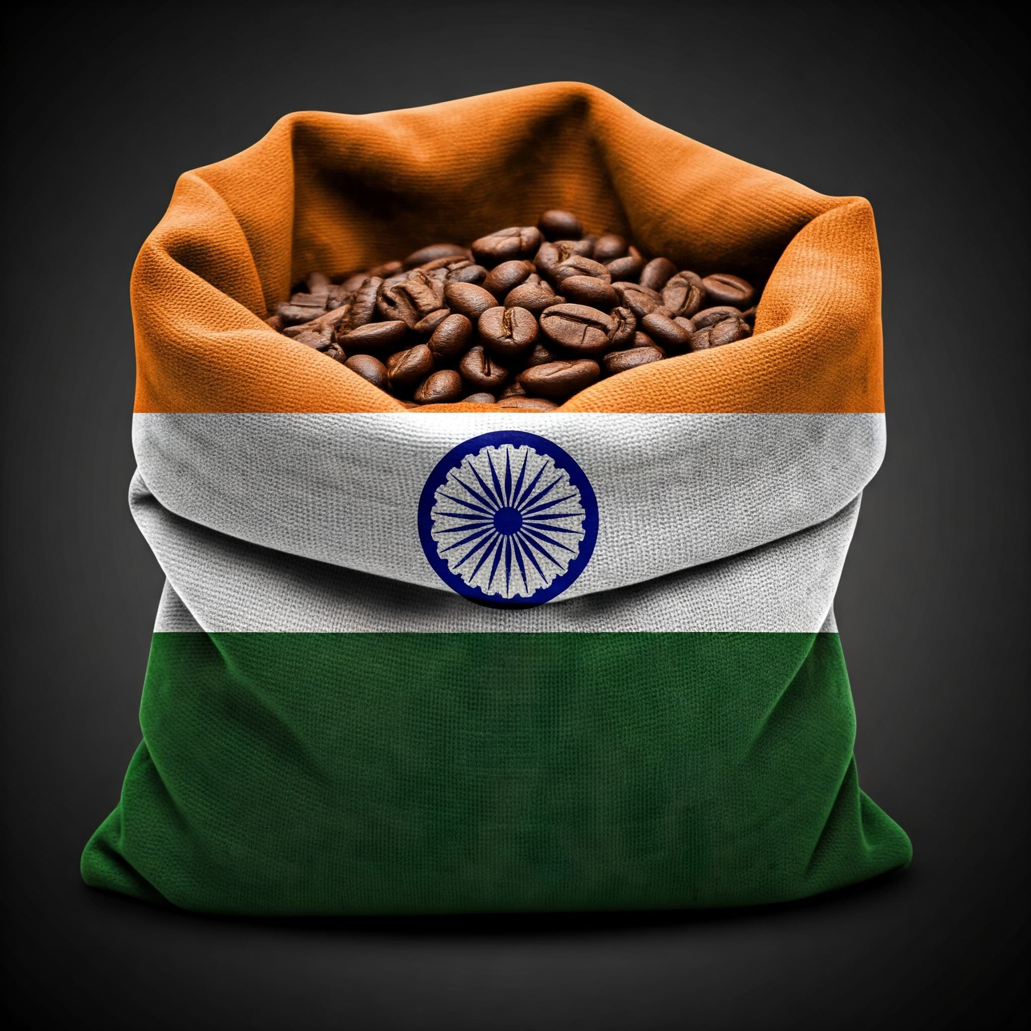 Grains de café dans un sac d'exportation avec le drapeau de l'Inde (Image générée par IA)