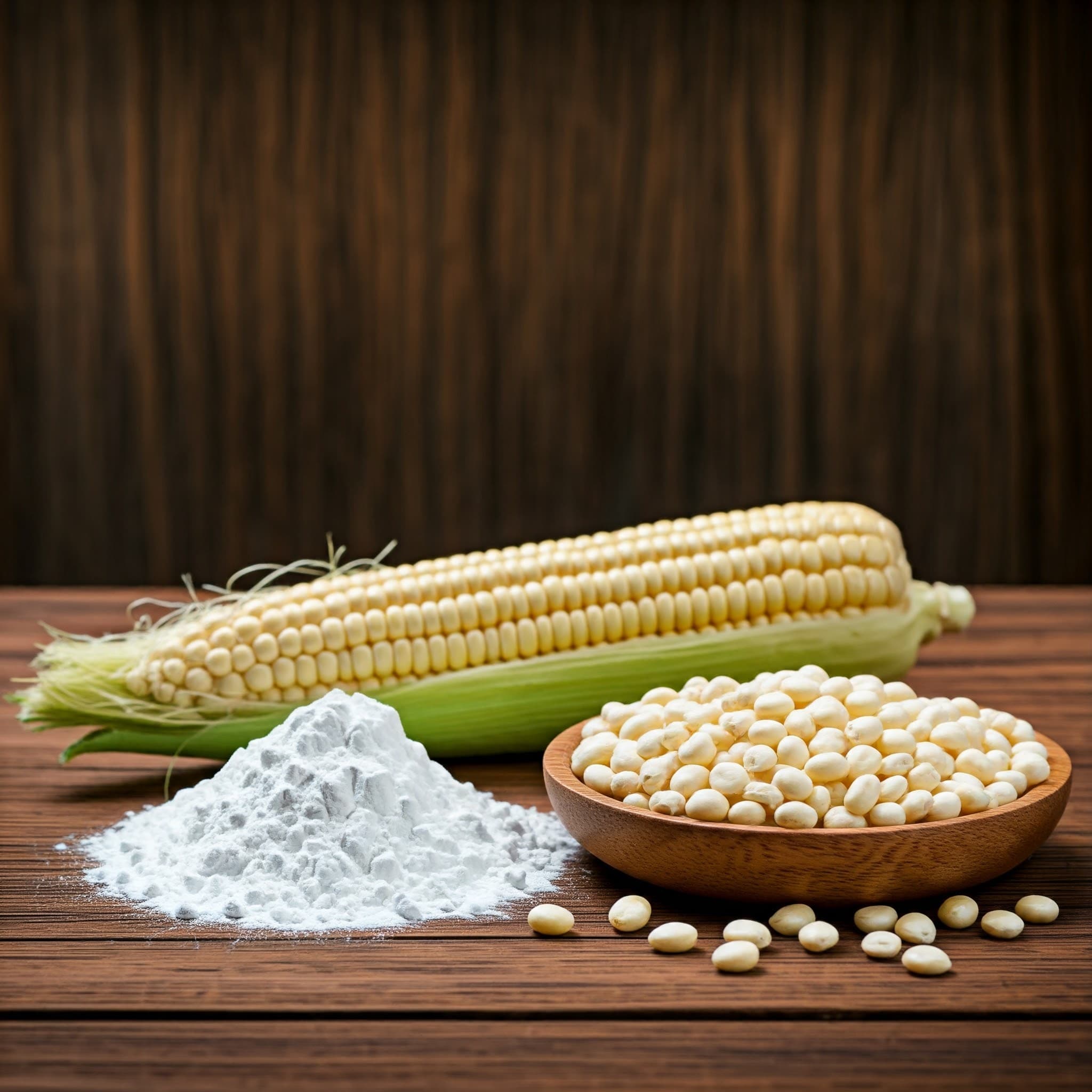 Amido de milho branco utilizando milho branco não transgênico como ingrediente (Imagem gerada por IA)