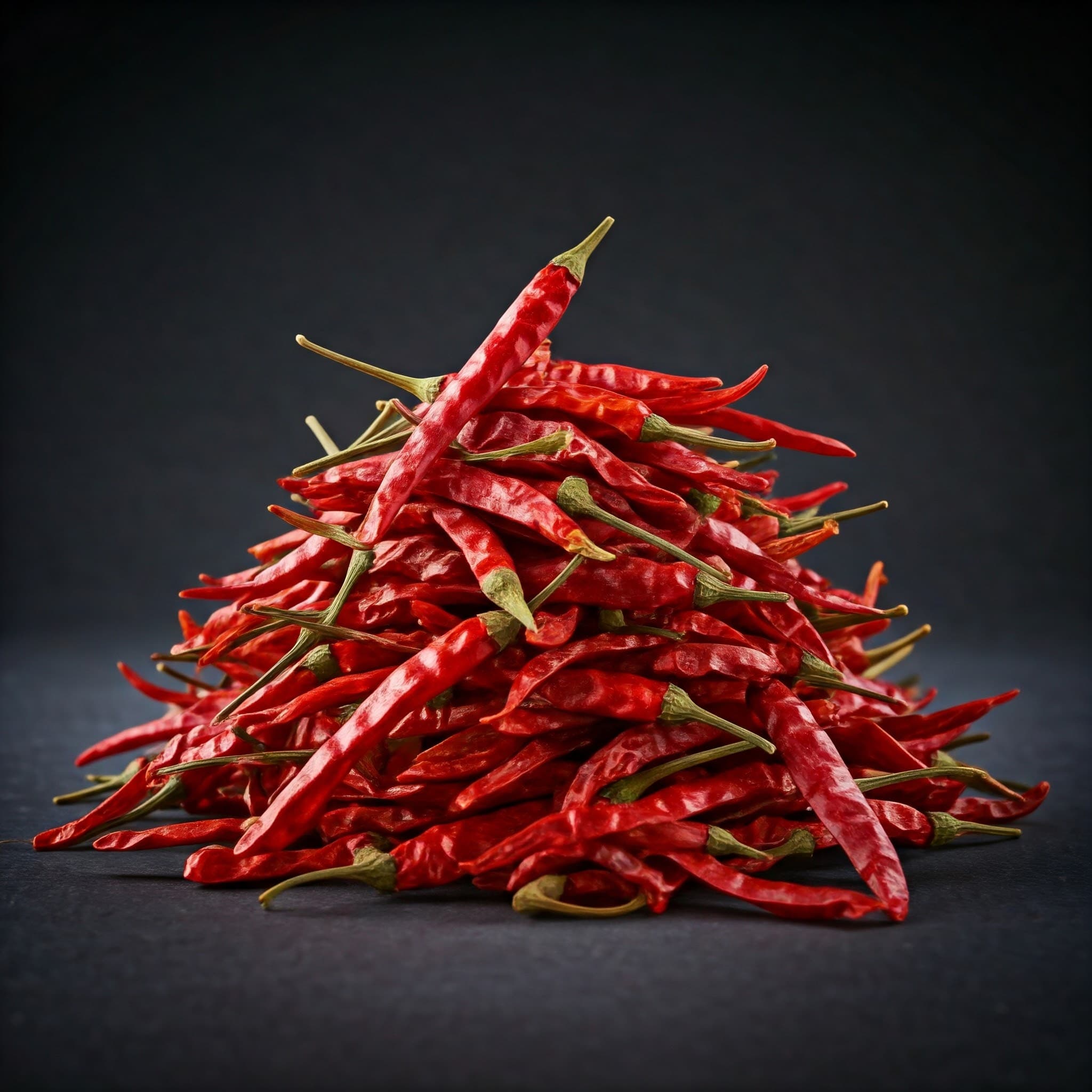 Chiles enteros secos, Variedad: Chile ojo de pájaro (Capsicum frutescens) (Imagen generada por IA)