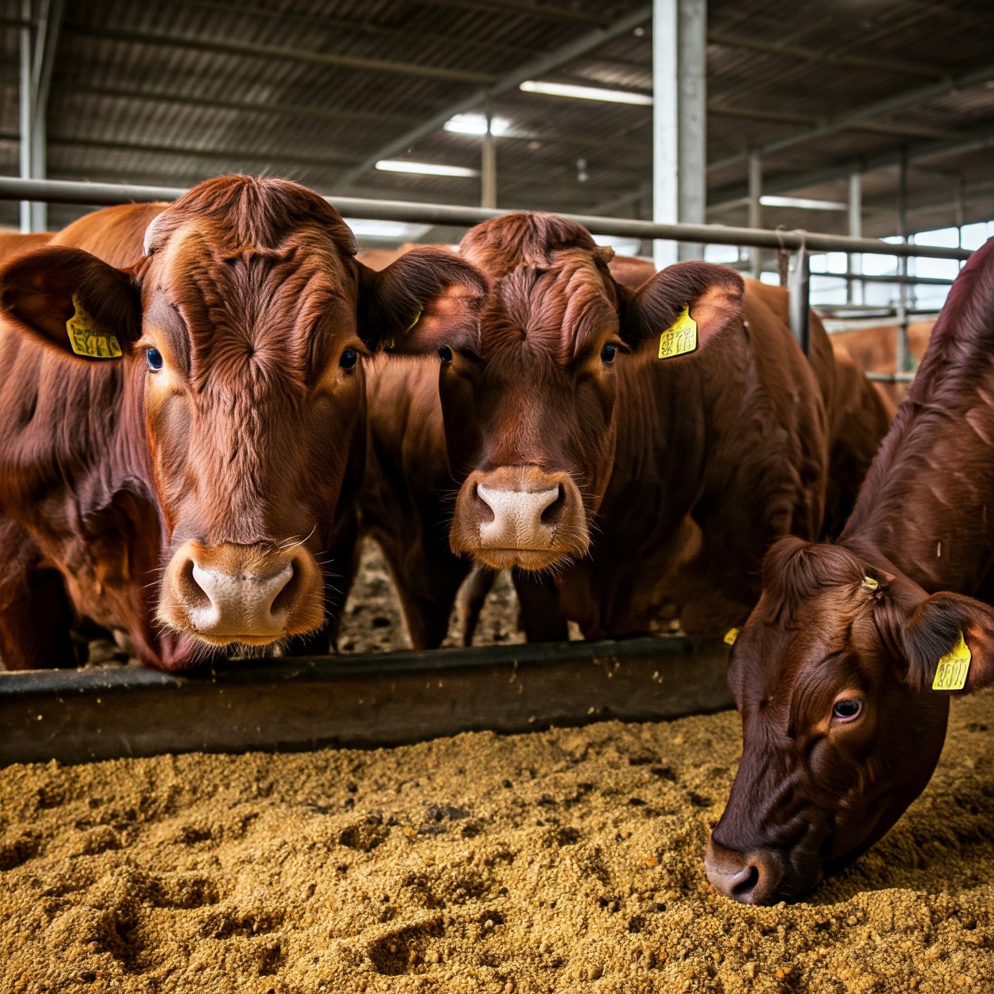 Bovini da carne che si nutrono di panello di soia (Immagine generata da IA)