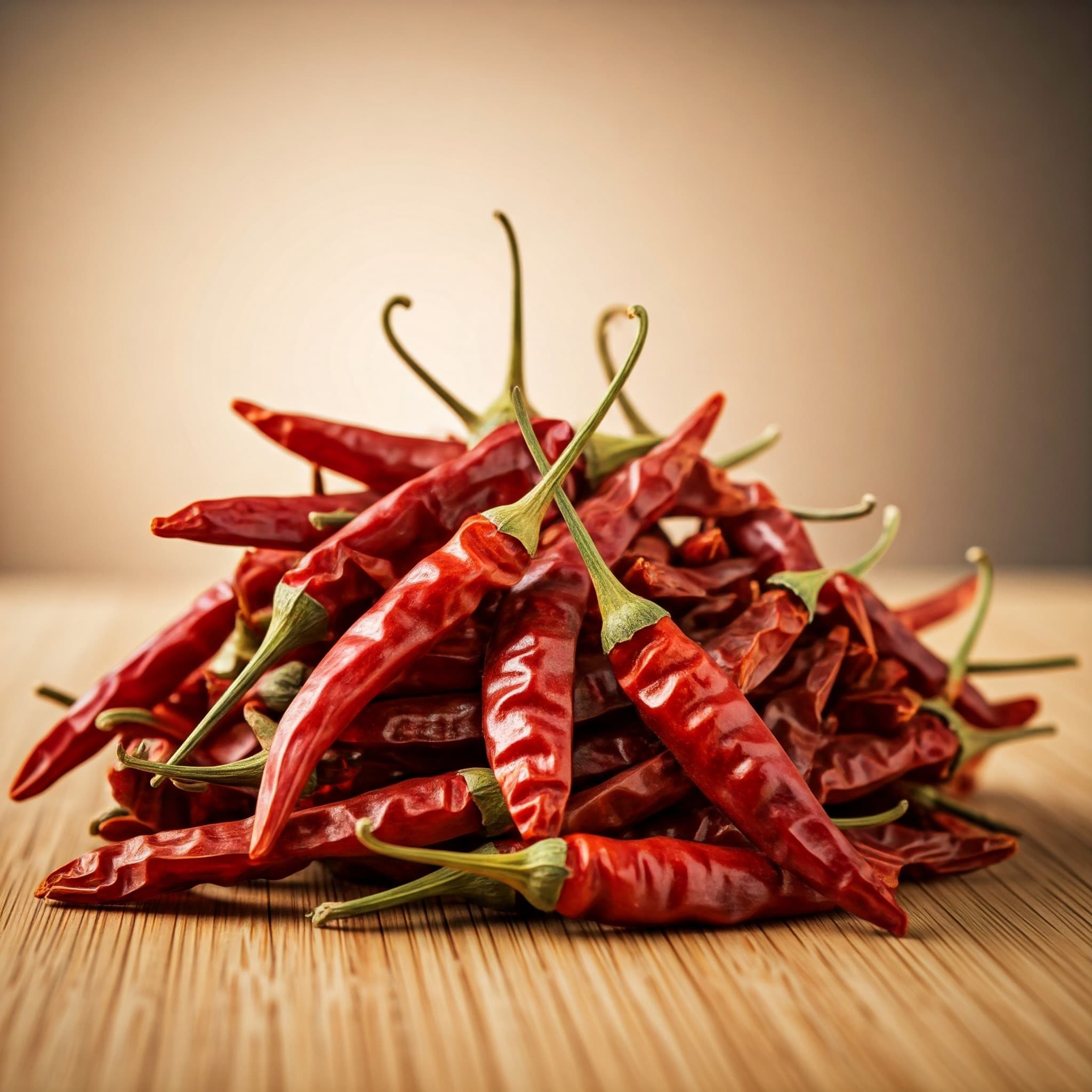 Ganze getrocknete Chilischoten, Sorte: Cayenne (Capsicum annuum) (KI-generiertes Bild)