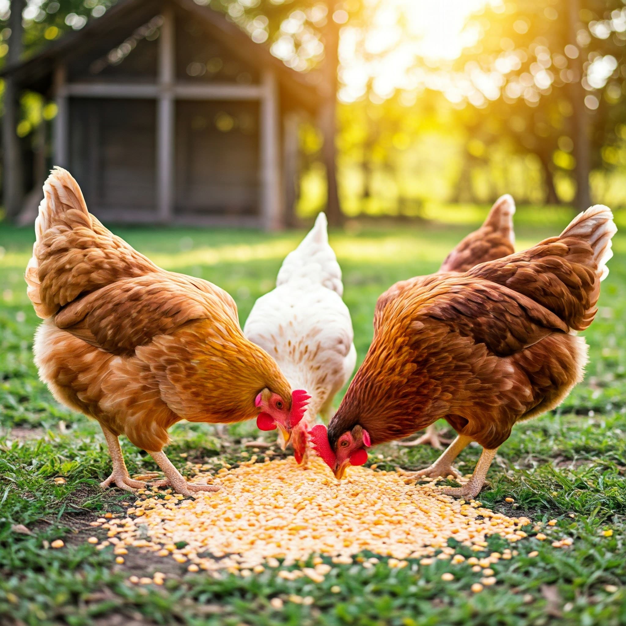 Poules se nourrissant de maïs concassé nutritif (Image générée par IA)