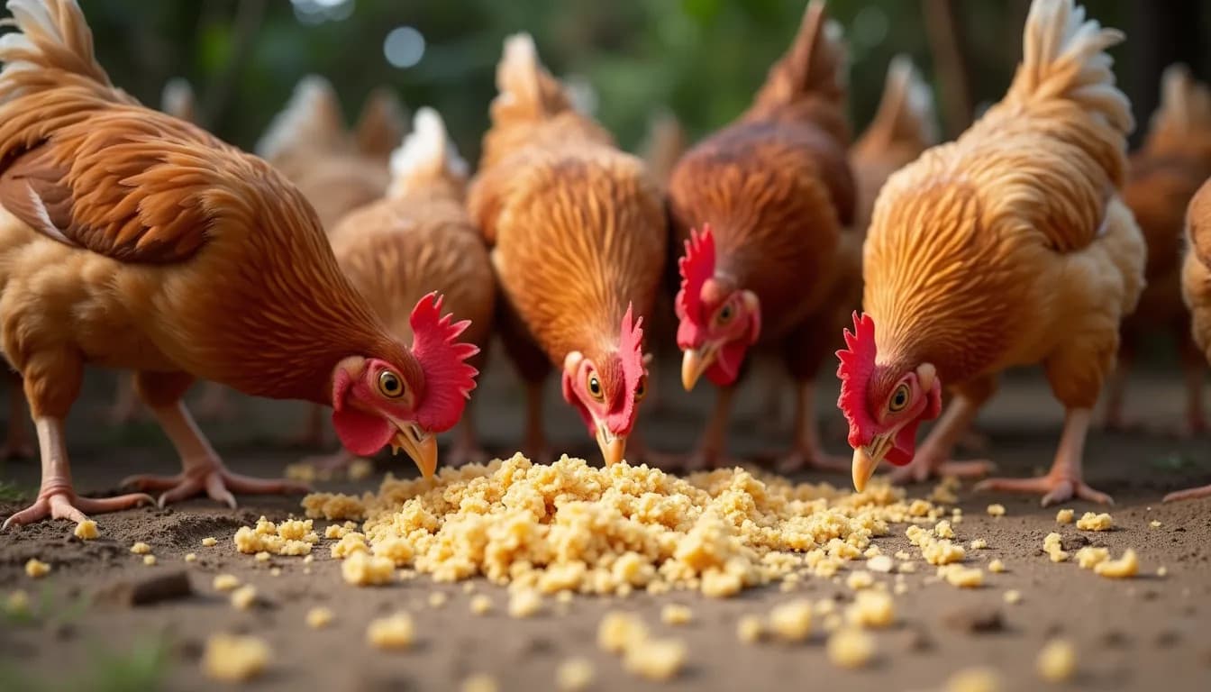 Les poulets se nourrissent de tourteau de soja déshuilé (Image générée par IA)