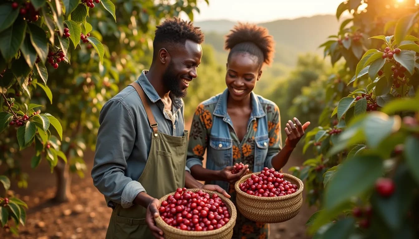 Giovani agricoltori africani che raccolgono ciliegie di caffè (Immagine generata da IA)