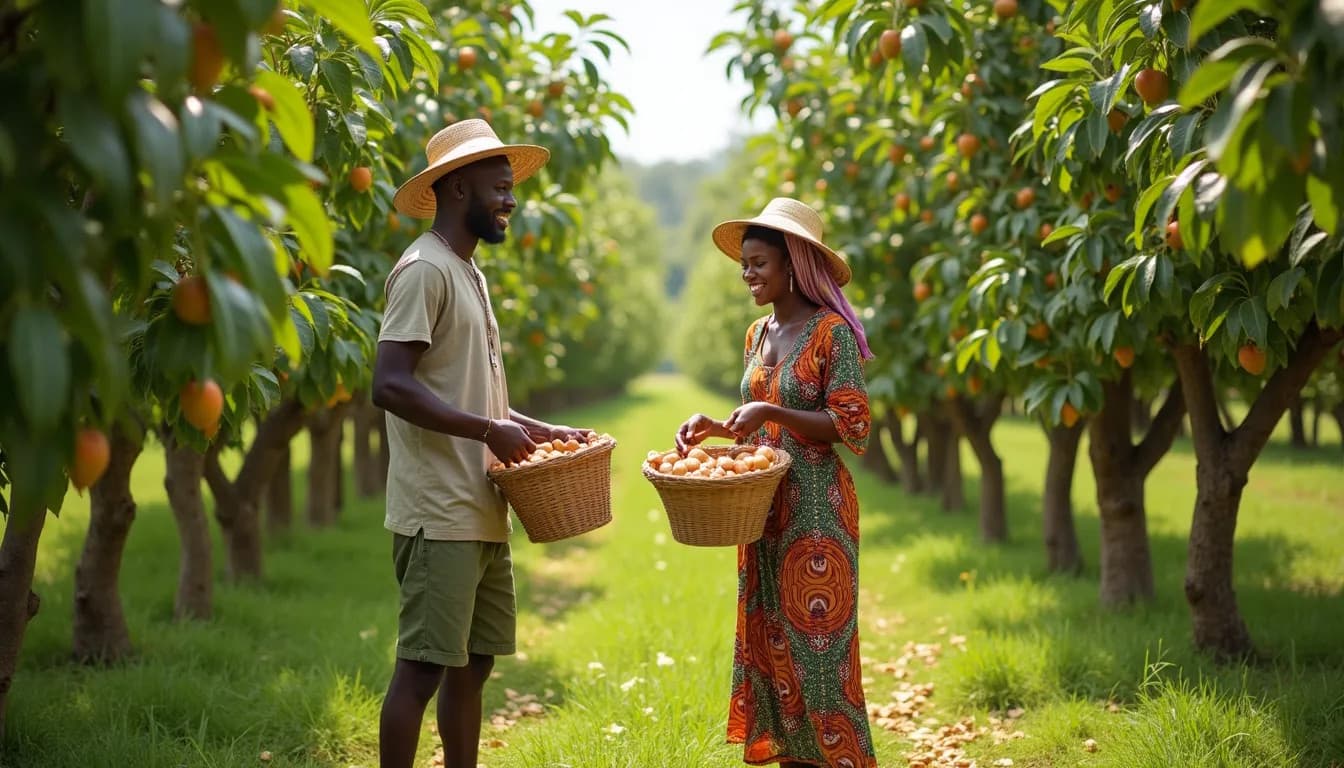 Giovani agricoltori africani che raccolgono frutta (Immagine generata da IA)