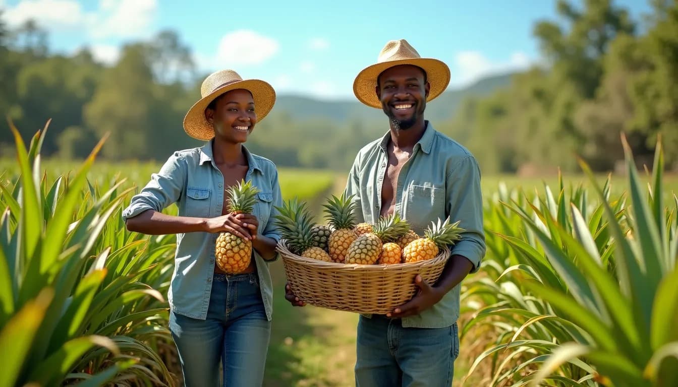 Giovani agricoltori africani che raccolgono ananas maturi (Immagine generata da IA)