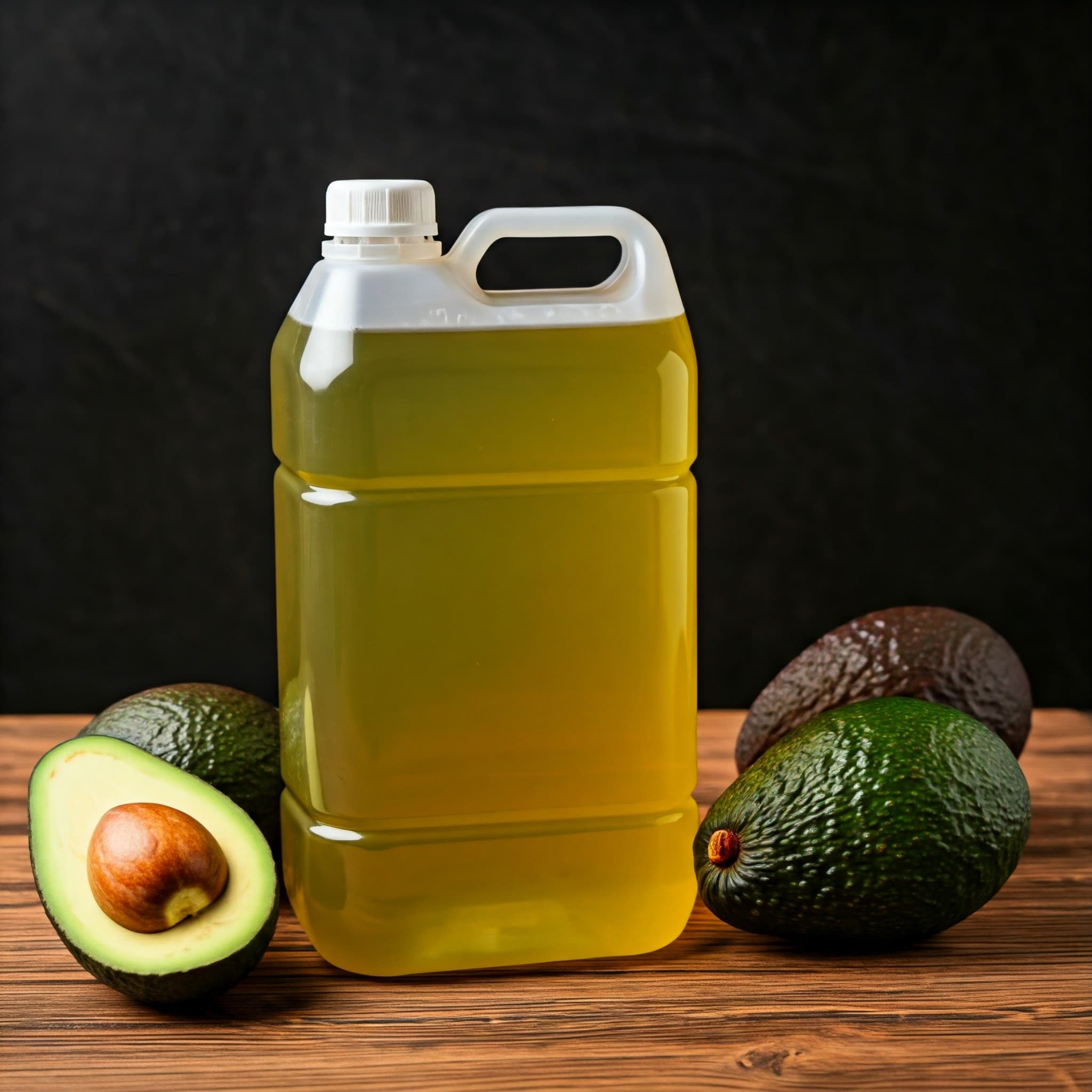 Olio di avocado grezzo in un fusto da 25 L (Immagine generata da IA)