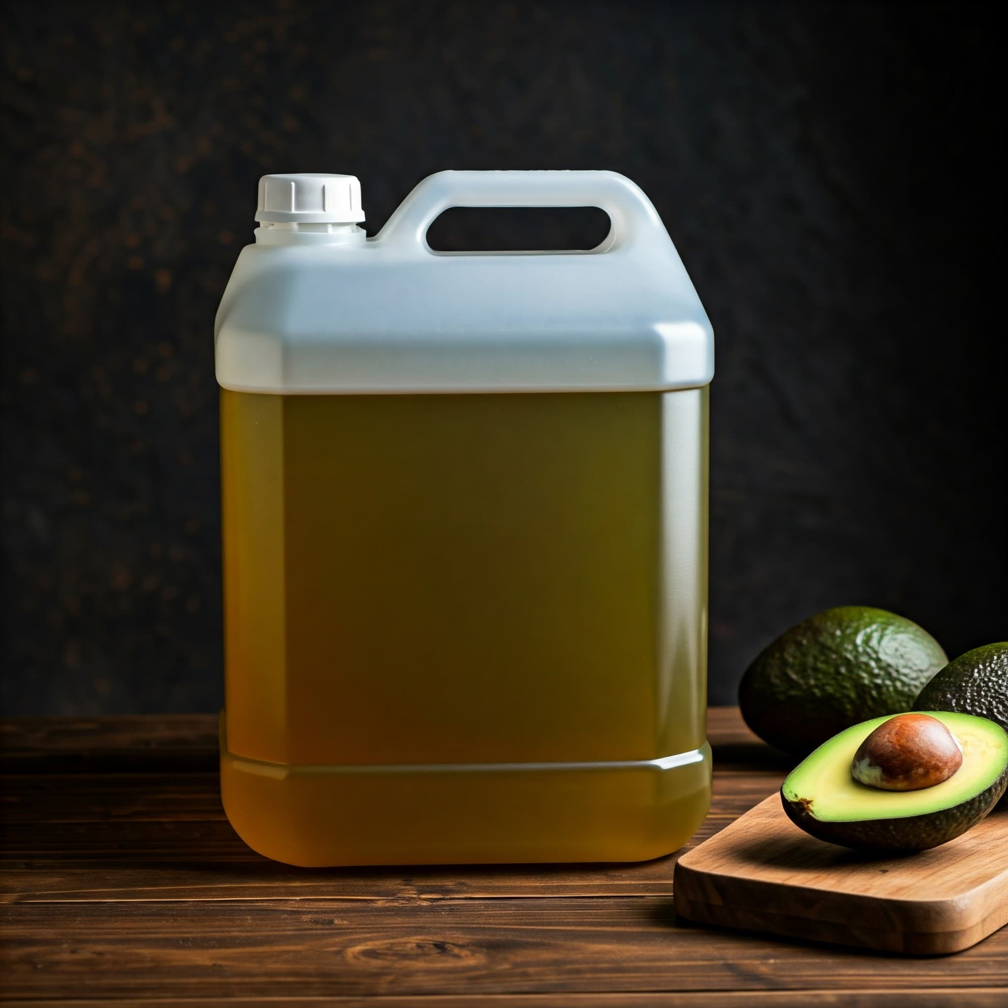 Olio di avocado grezzo in un fusto da 50 L (Immagine generata da IA)