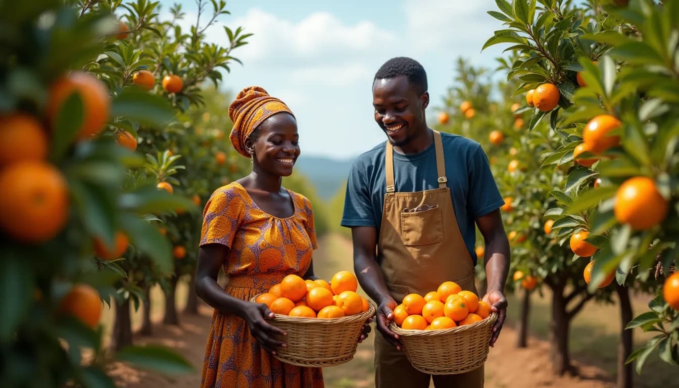 Giovani agricoltori africani che raccolgono arance (Immagine generata da IA)