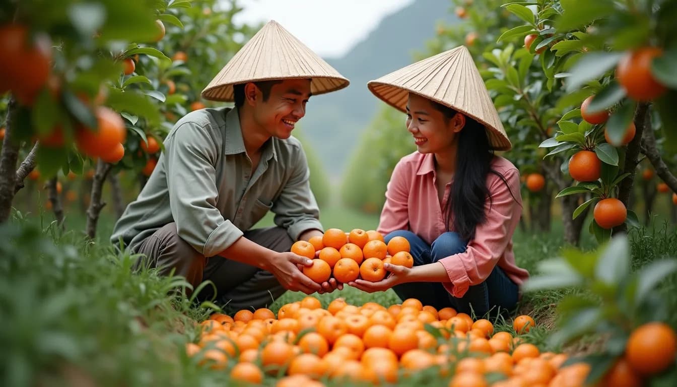 Agricultores vietnamitas cosechando mandarinas (Imagen generada por IA)