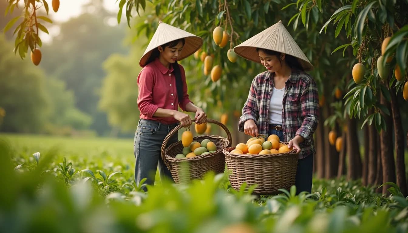 Agricultores tailandeses cosechando mangos (Imagen generada por IA)