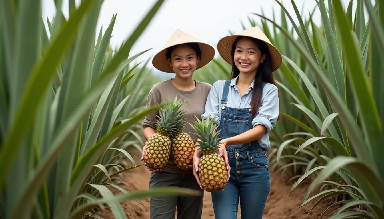 Agricultores vietnamitas cosechando piñas (imagen generada por IA)