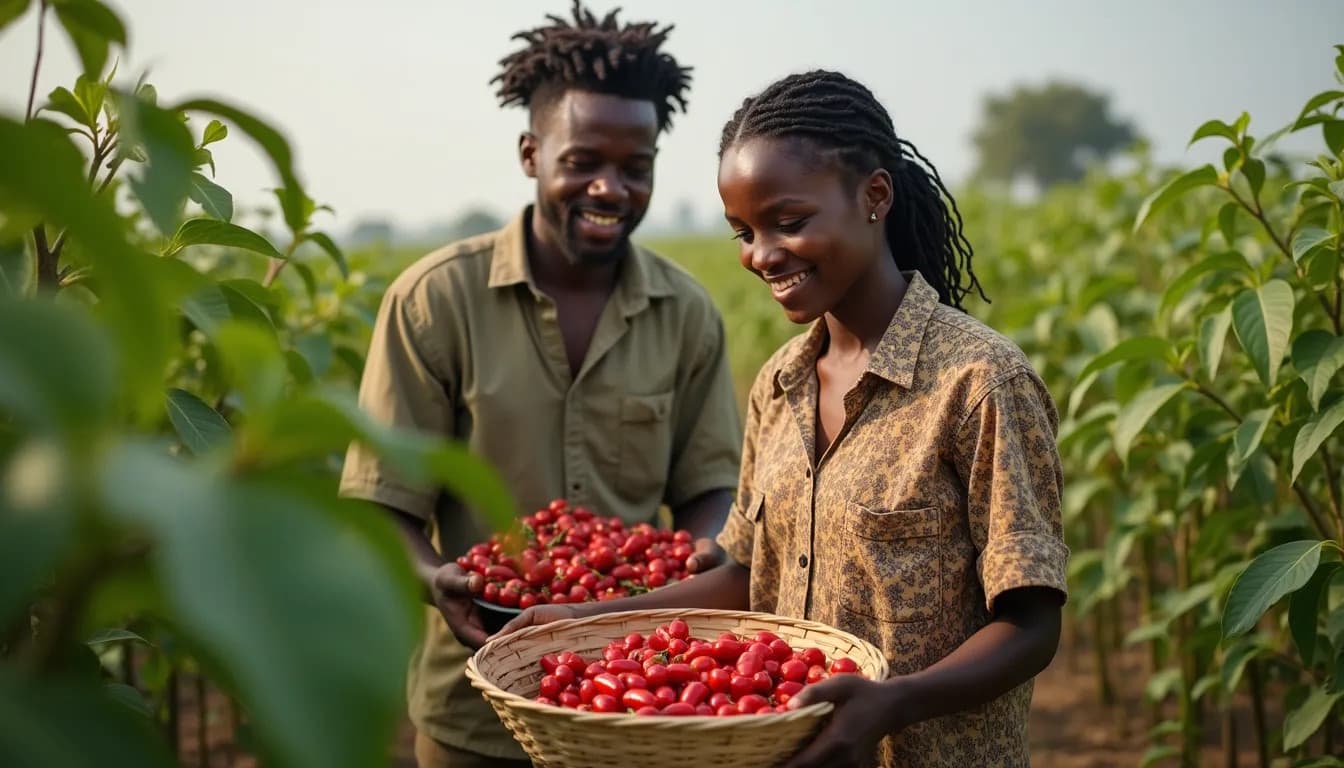 Agricultores africanos cosechando tomates (Imagen generada por IA)