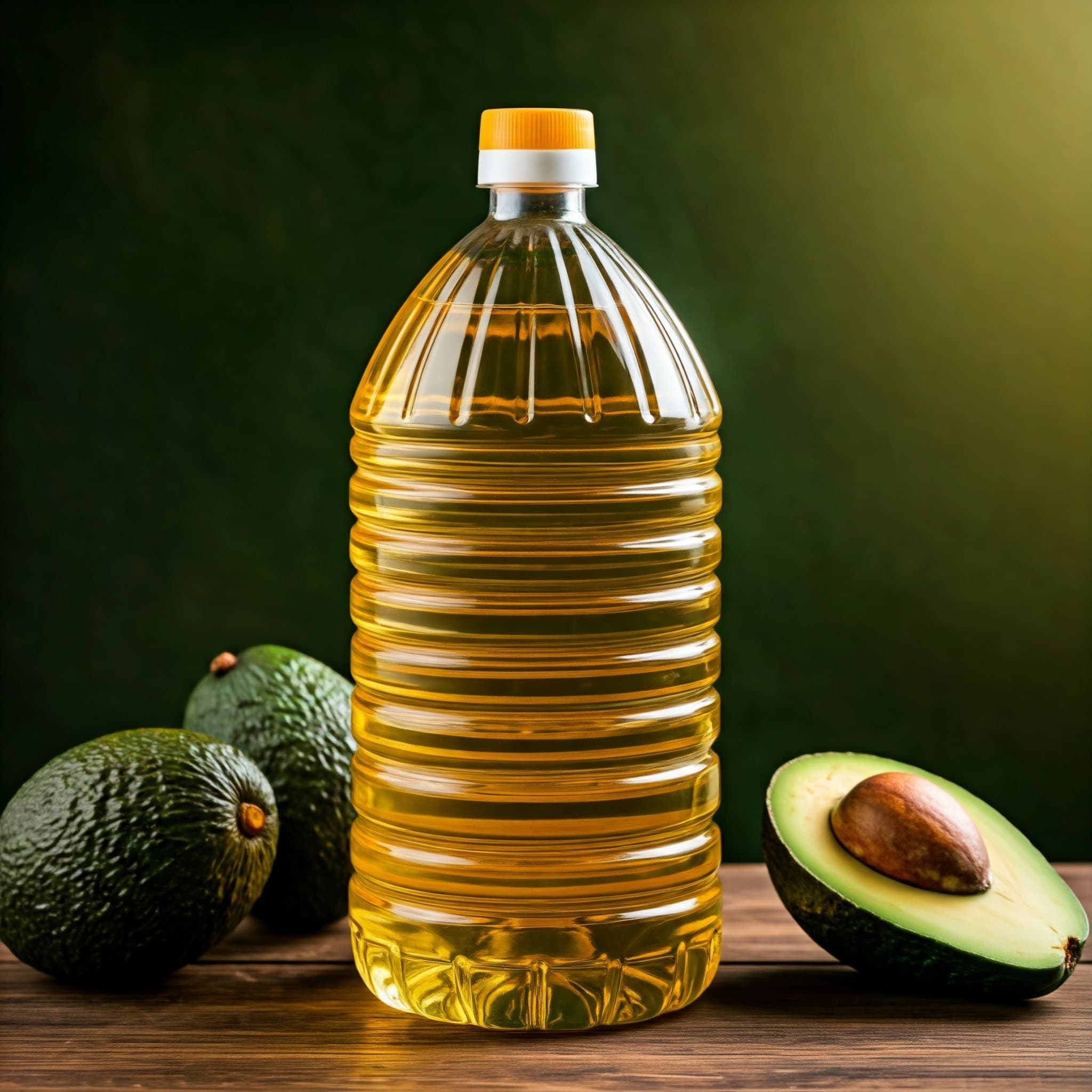 Olio di avocado commestibile in bottiglie di plastica da 10 L (Immagine generata da IA)