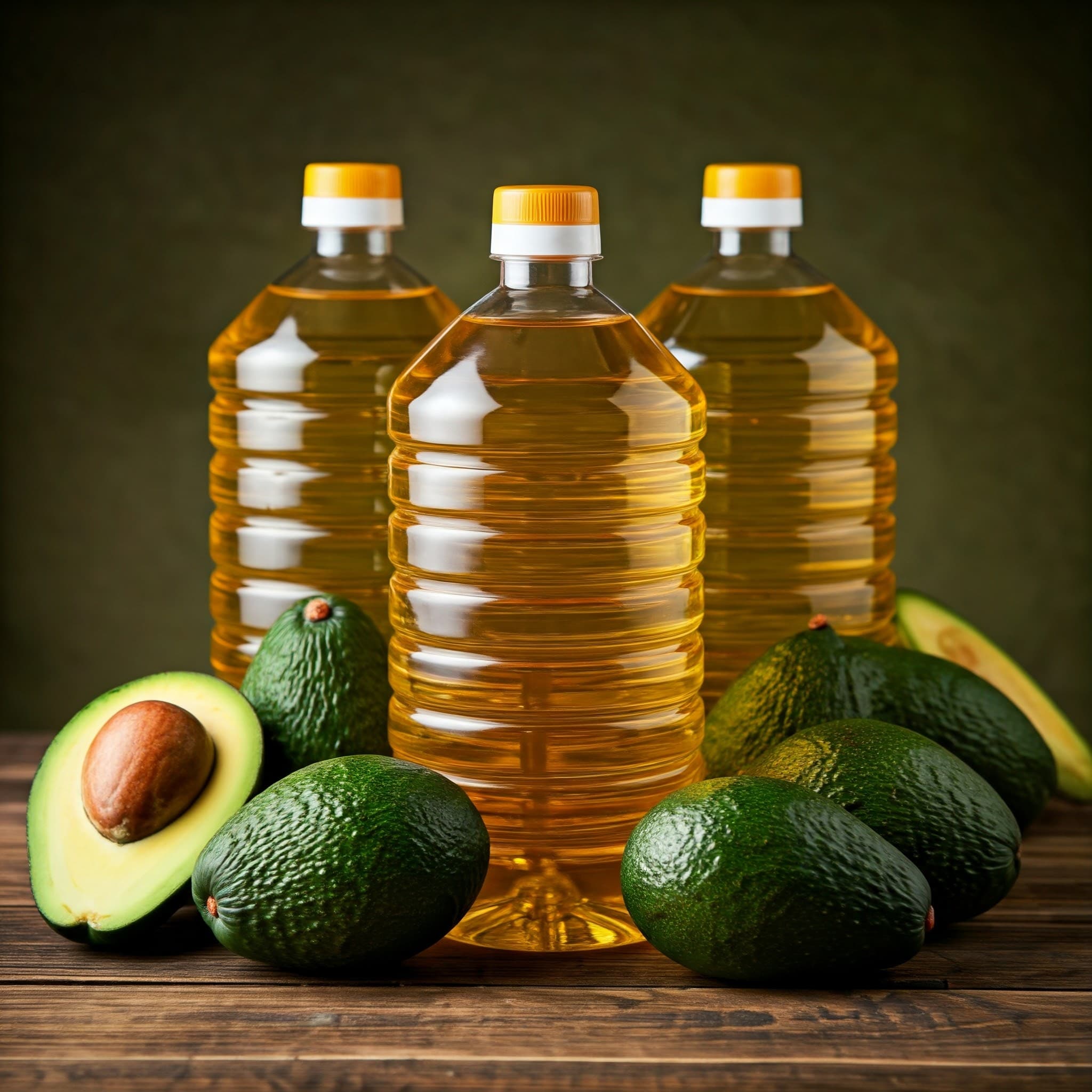 Olio di avocado commestibile in bottiglie di plastica da 5 L (Immagine generata da IA)