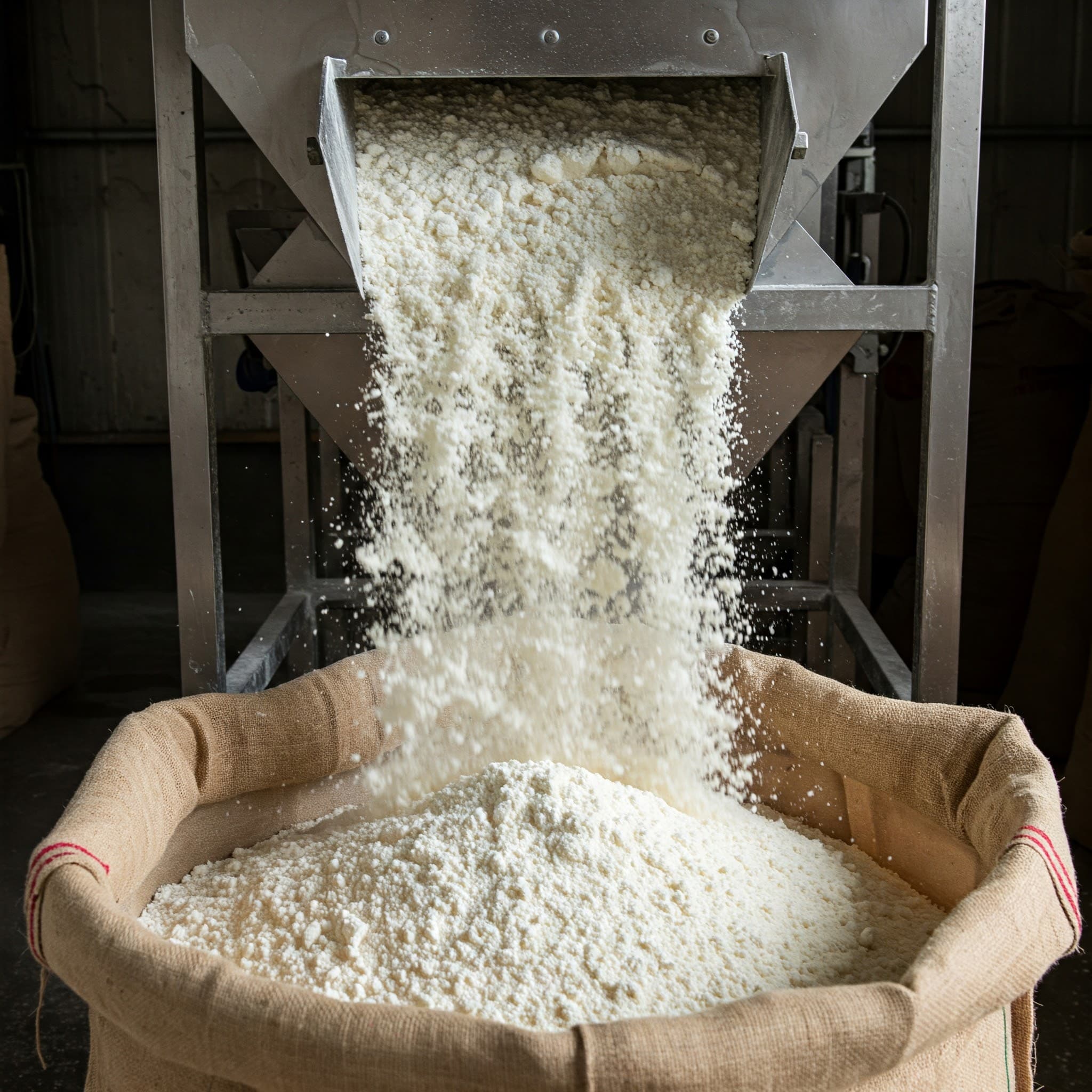 Farine de manioc tombant dans un sac (image générée par IA)