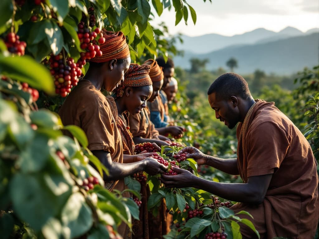 Agricultores colhendo cerejas de café (imagem gerada por IA)