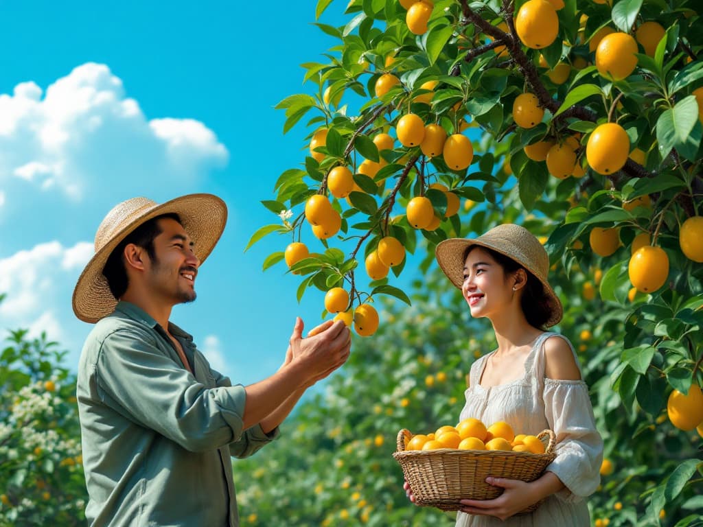 Agricultores colhendo frutas (imagem gerada por IA)