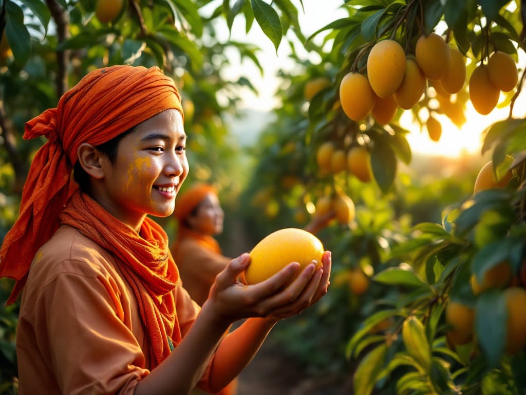 Os agricultores colhem mangas (imagem gerada por IA)