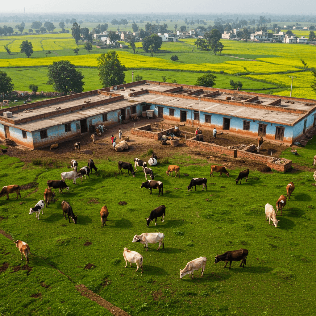 Fazenda leiteira na zona rural da Índia (Imagem gerada por IA)