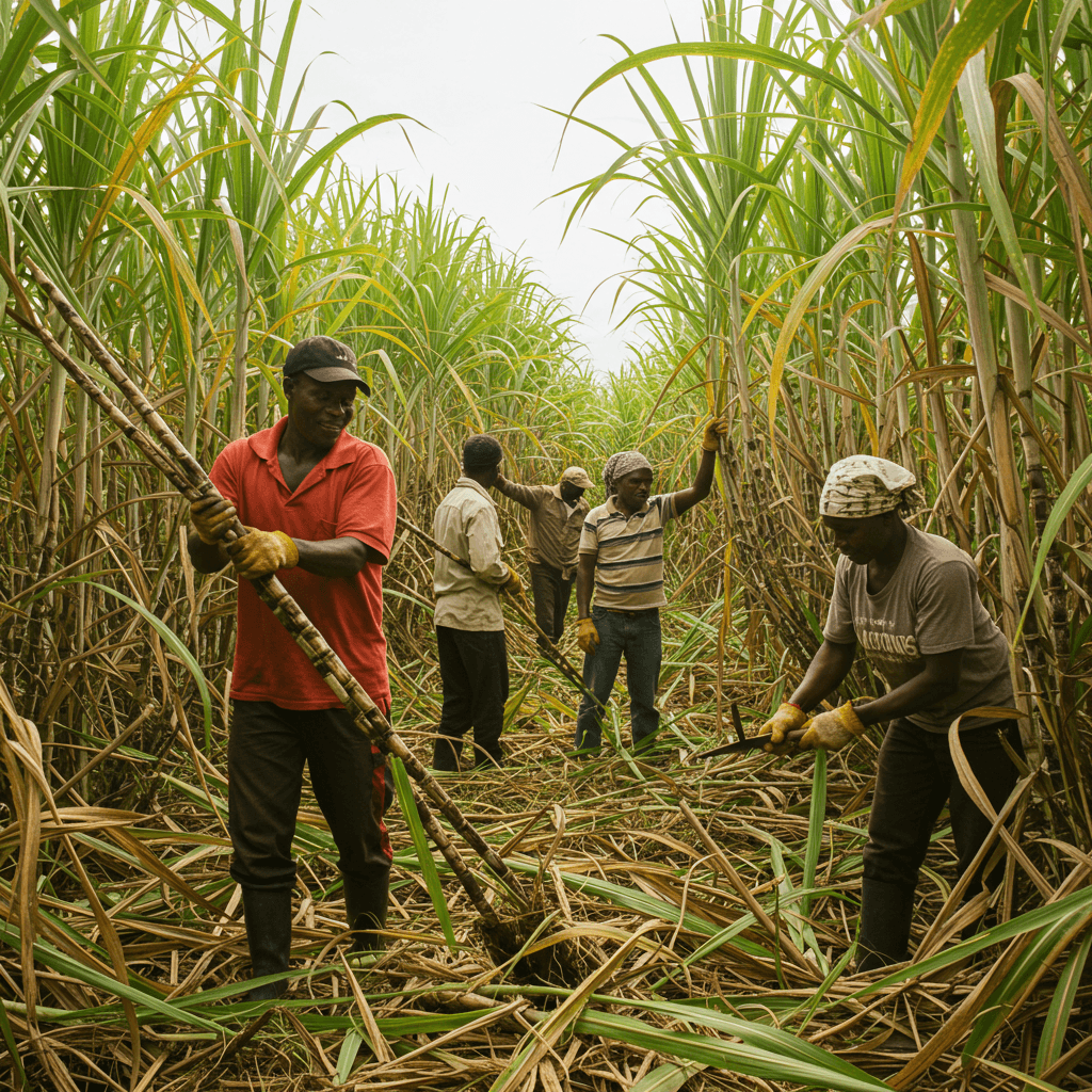 Fazendeiros africanos colhendo cana-de-açúcar (Imagem gerada por IA)