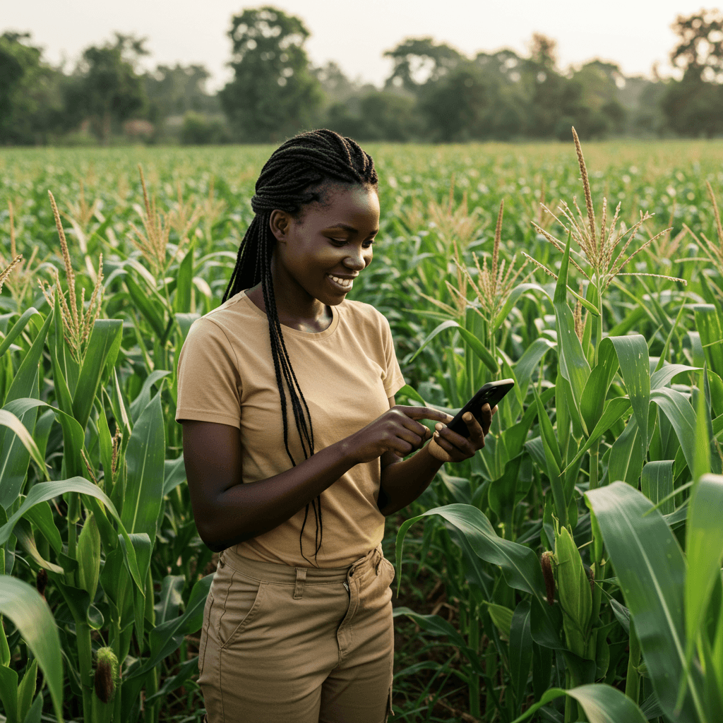 Uma agricultora africana usando um aplicativo móvel em sua plantação de milho (imagem gerada por IA).