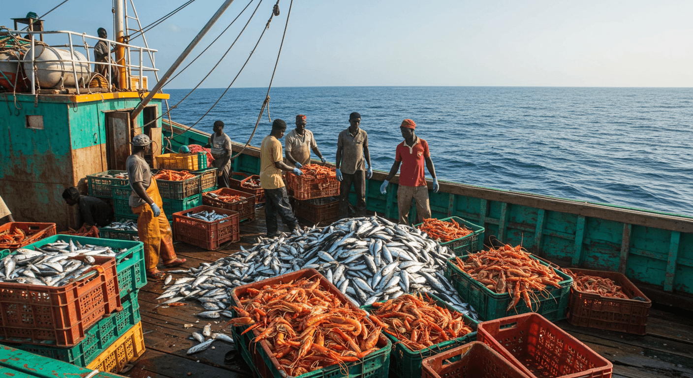Navire de pêche ivoirien avec des fruits de mer capturés (image générée par IA)