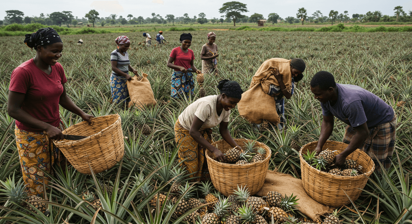 Agriculteurs ghanéens récoltant des ananas (image générée par IA)