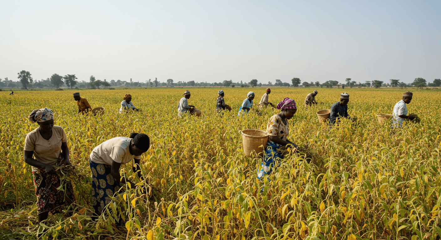 Agriculteurs nigérians récoltant du sésame (image générée par IA)