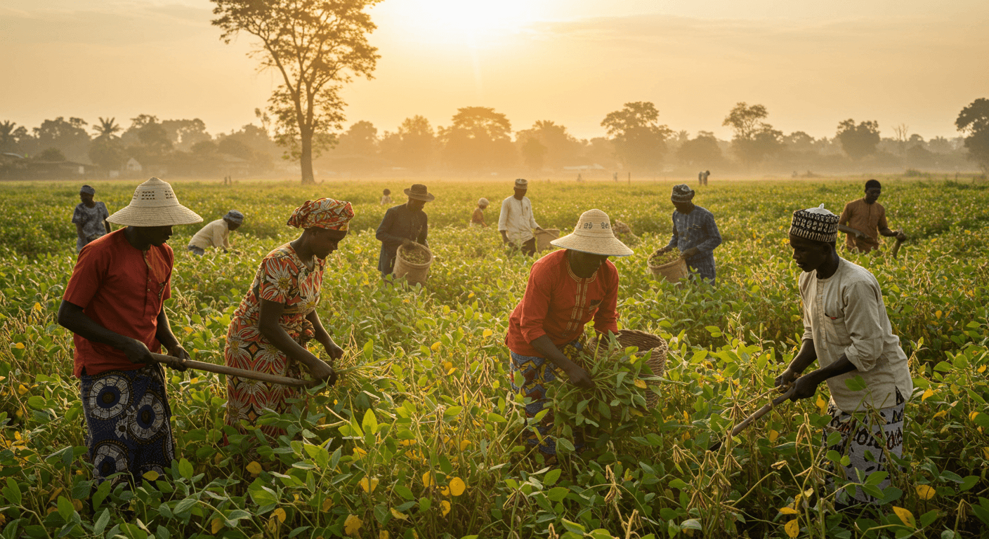 Agriculteurs nigérians récoltant du soja (image générée par IA)