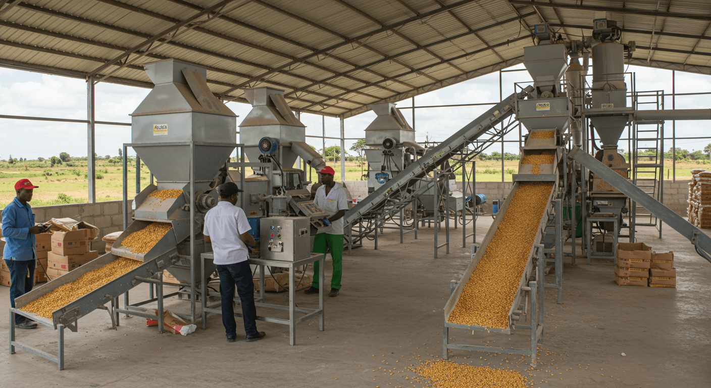Línea de producción de harina de maíz en Tanzania (imagen generada por IA).