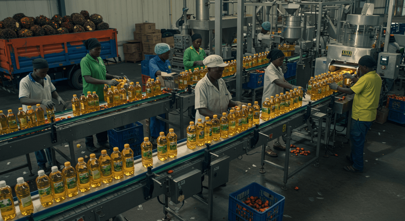 Línea de producción de aceite de palma comestible en Tanzania (imagen generada por IA).