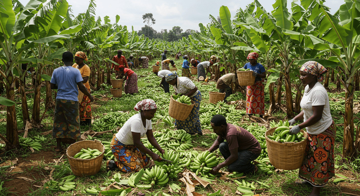 Membres d’une coopérative agricole au Cameroun récoltant des bananes ensemble (image générée par IA)