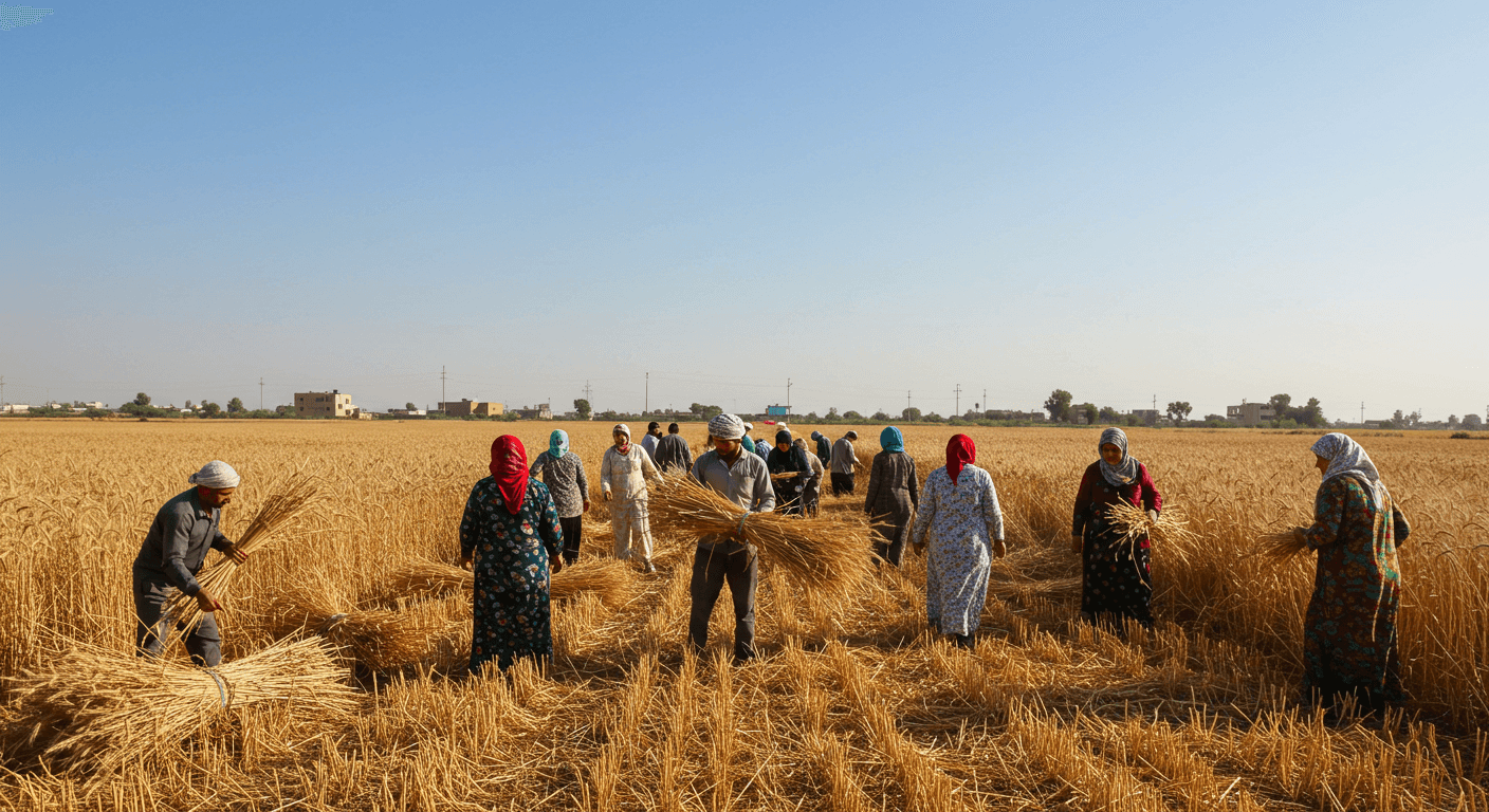 Membres d’une coopérative agricole en Égypte récoltant du blé ensemble (image générée par IA)