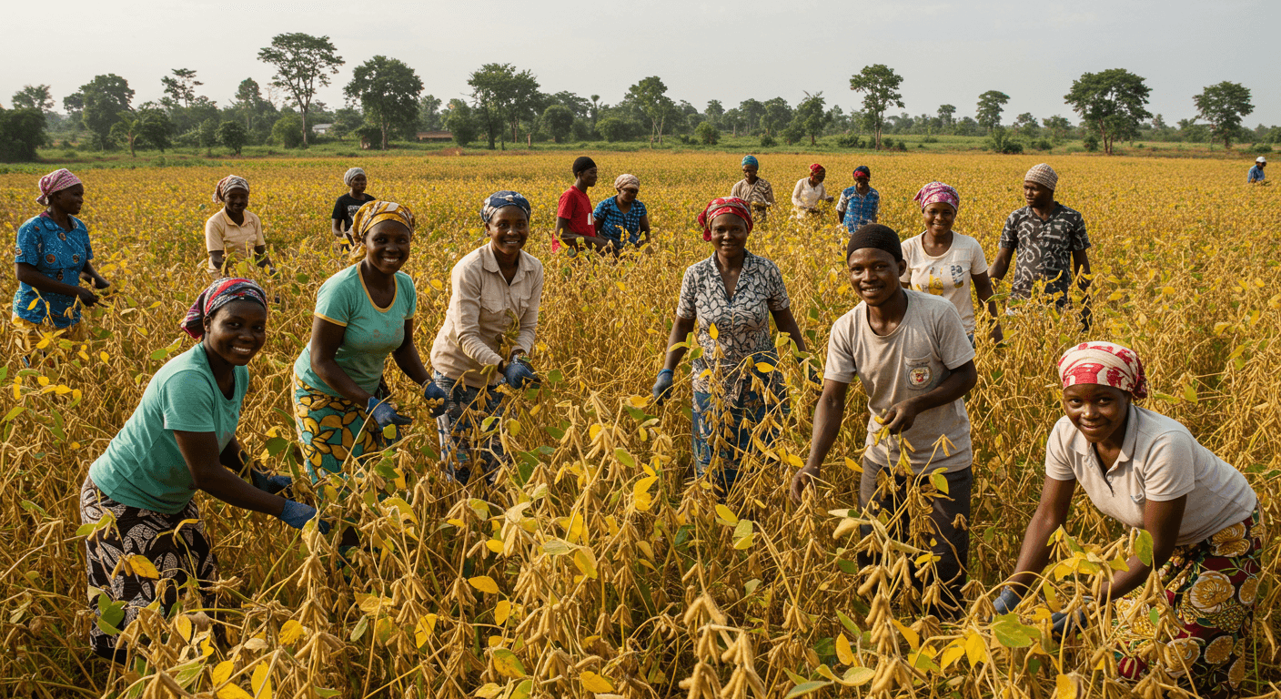 Membres d’une coopérative agricole au Togo récoltant des soja ensemble (image générée par IA)