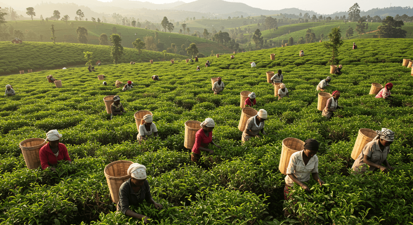 Membres d’une coopérative agricole en Ouganda récoltant des feuilles de thé ensemble (image générée par IA)